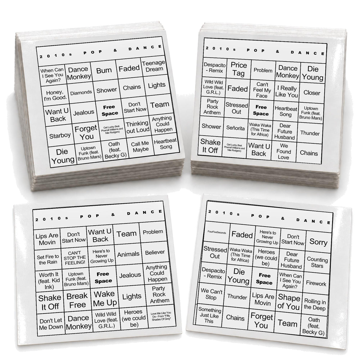 2010s Pop & Dance music bingo laminated deck example
