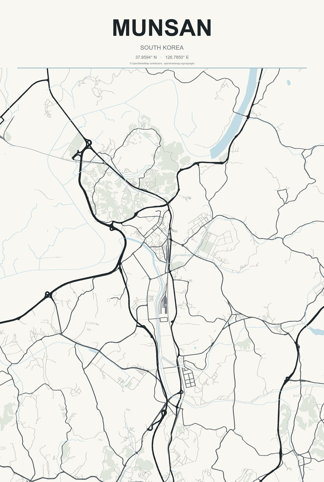 Munsan, South Korea City Map Aluminum Sign in Headline Atlas style