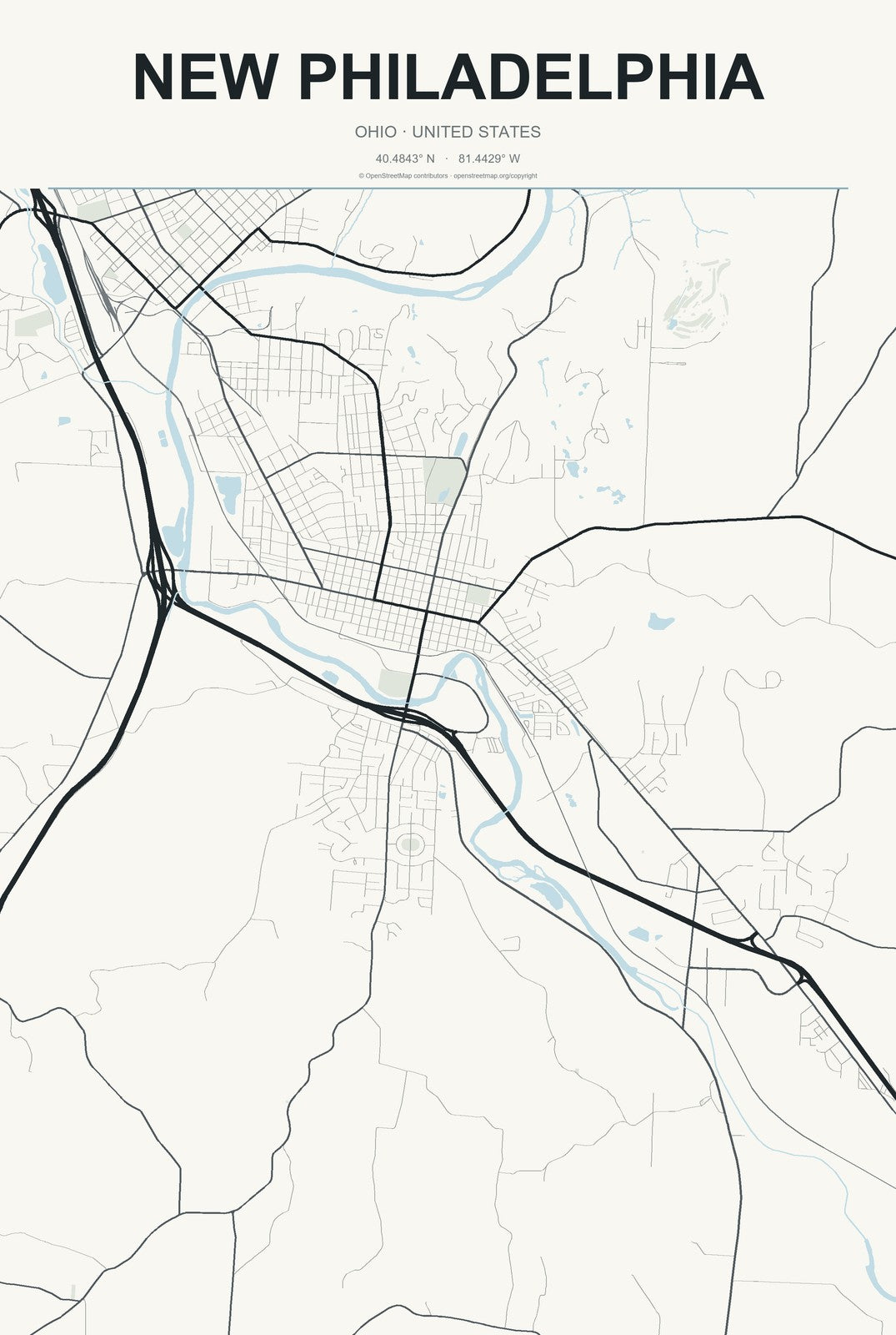New Philadelphia, Ohio City Map Aluminum Sign in Headline Atlas style