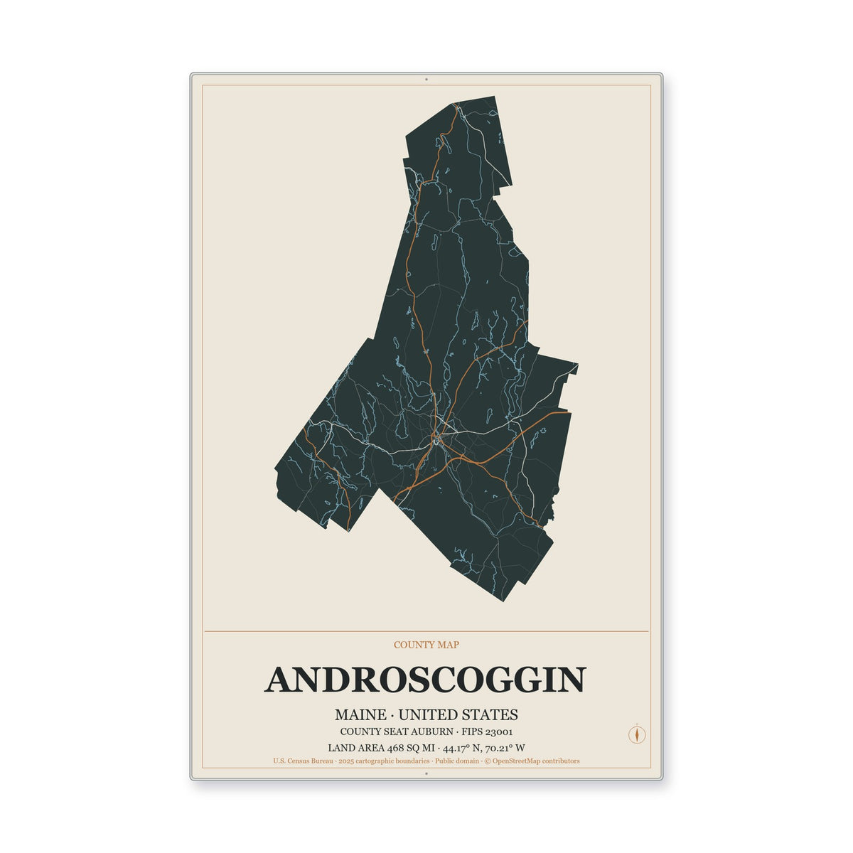 Androscoggin County, Maine Map Aluminum Sign in Headline Atlas style