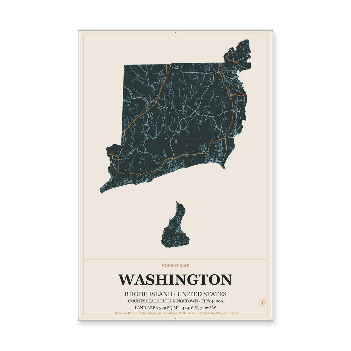 Washington County, Rhode Island Map Aluminum Sign in Headline Atlas style