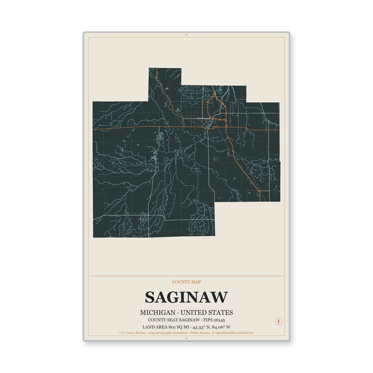 Saginaw County, Michigan Map Aluminum Sign in Headline Atlas style