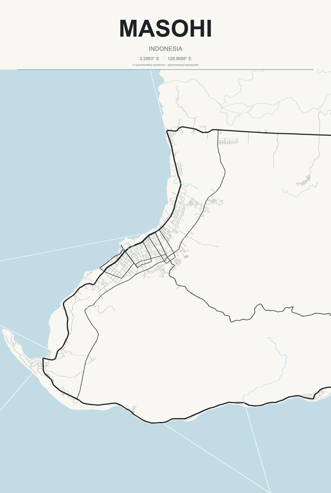 Masohi, Indonesia City Map Aluminum Sign in Headline Atlas style
