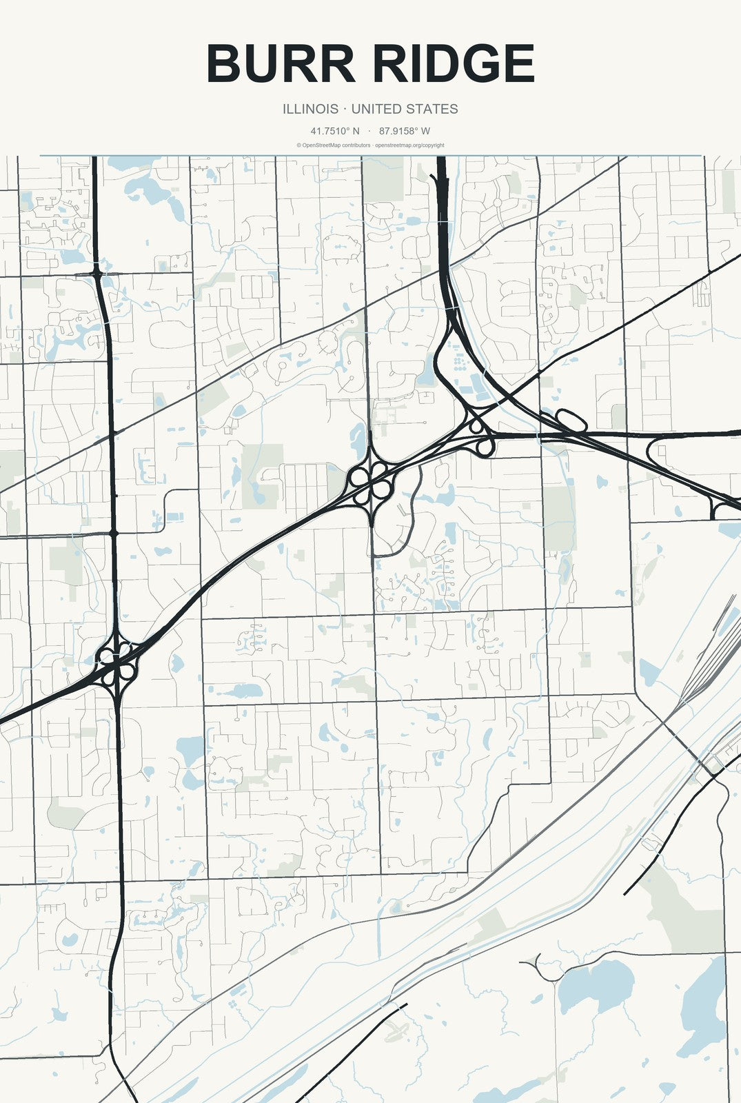 Burr Ridge, Illinois City Map Aluminum Sign in Headline Atlas style