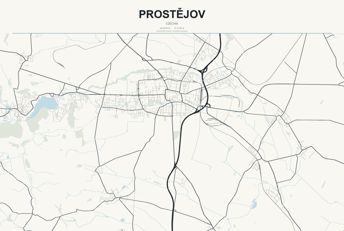 Prostějov, Czechia City Map Aluminum Sign in Headline Atlas style