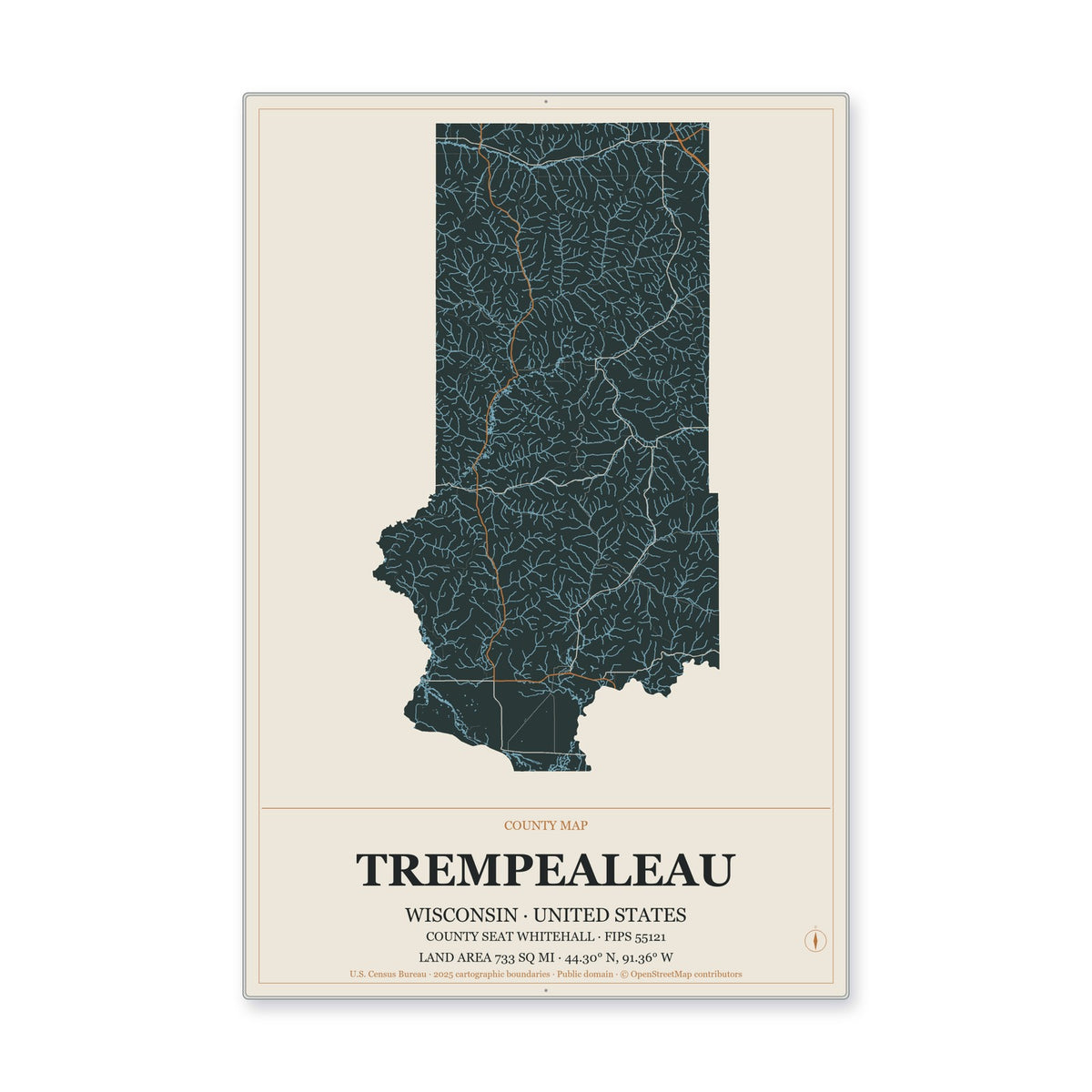 Trempealeau County, Wisconsin Map Aluminum Sign in Headline Atlas style