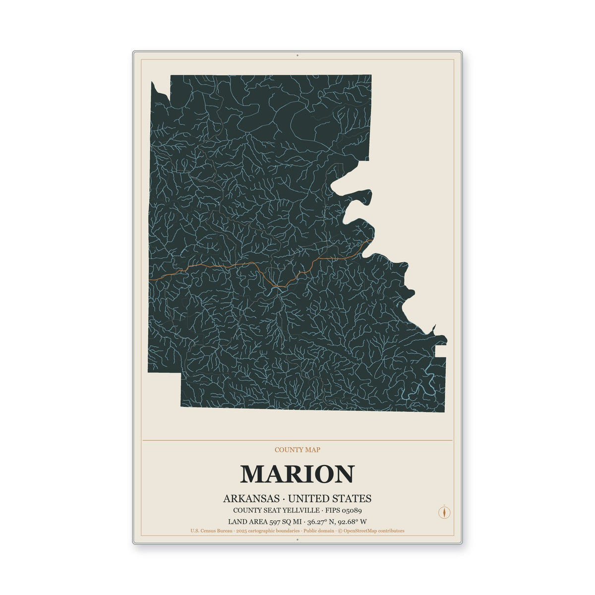 Marion County, Arkansas Map Aluminum Sign in Headline Atlas style