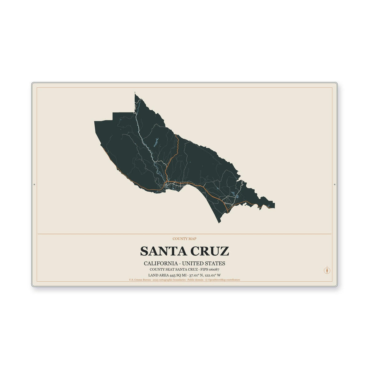 Santa Cruz County, California Map Aluminum Sign in Headline Atlas style