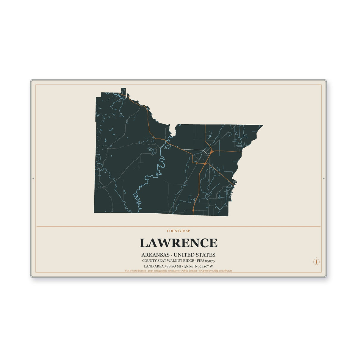 Lawrence County, Arkansas Map Aluminum Sign in Headline Atlas style