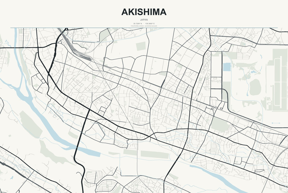 Akishima, Japan City Map Aluminum Sign in Headline Atlas style