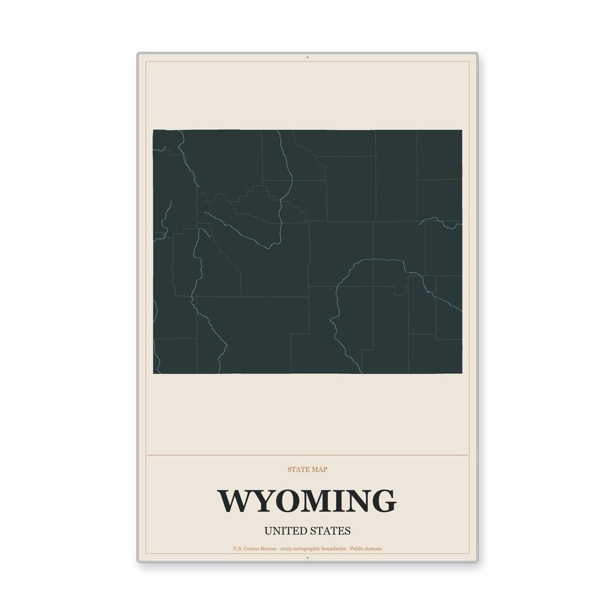 Wyoming state map aluminum sign in Headline Atlas style