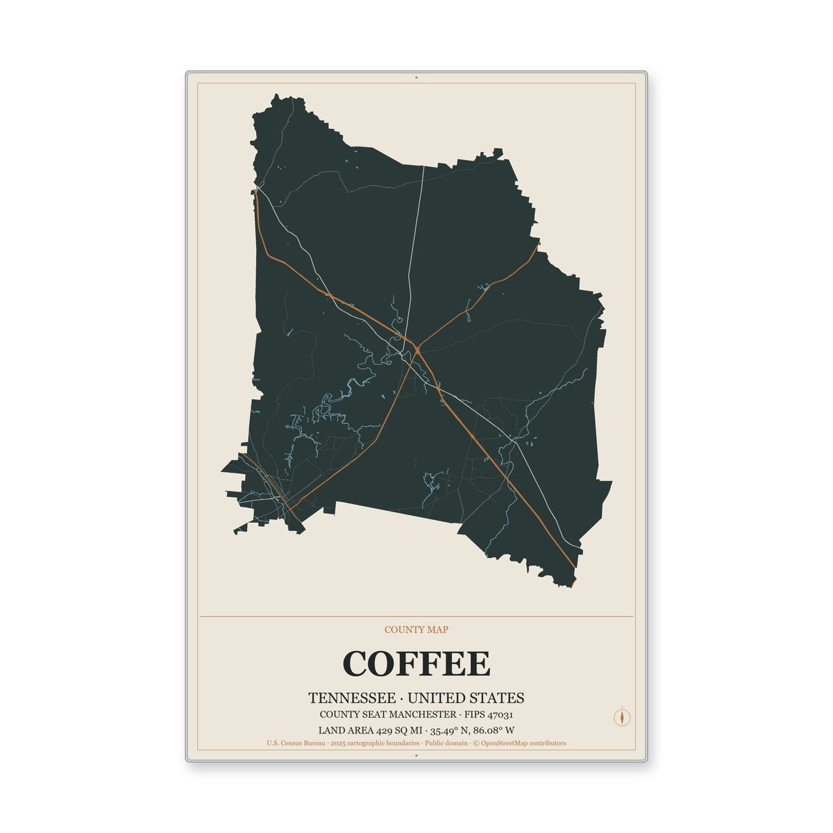 Coffee County, Tennessee Map Aluminum Sign in Headline Atlas style
