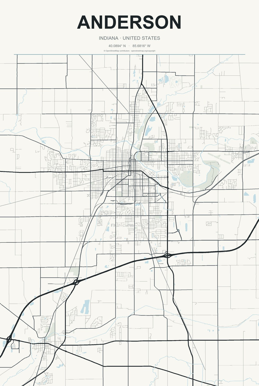 Anderson, Indiana City Map Aluminum Sign in Headline Atlas style