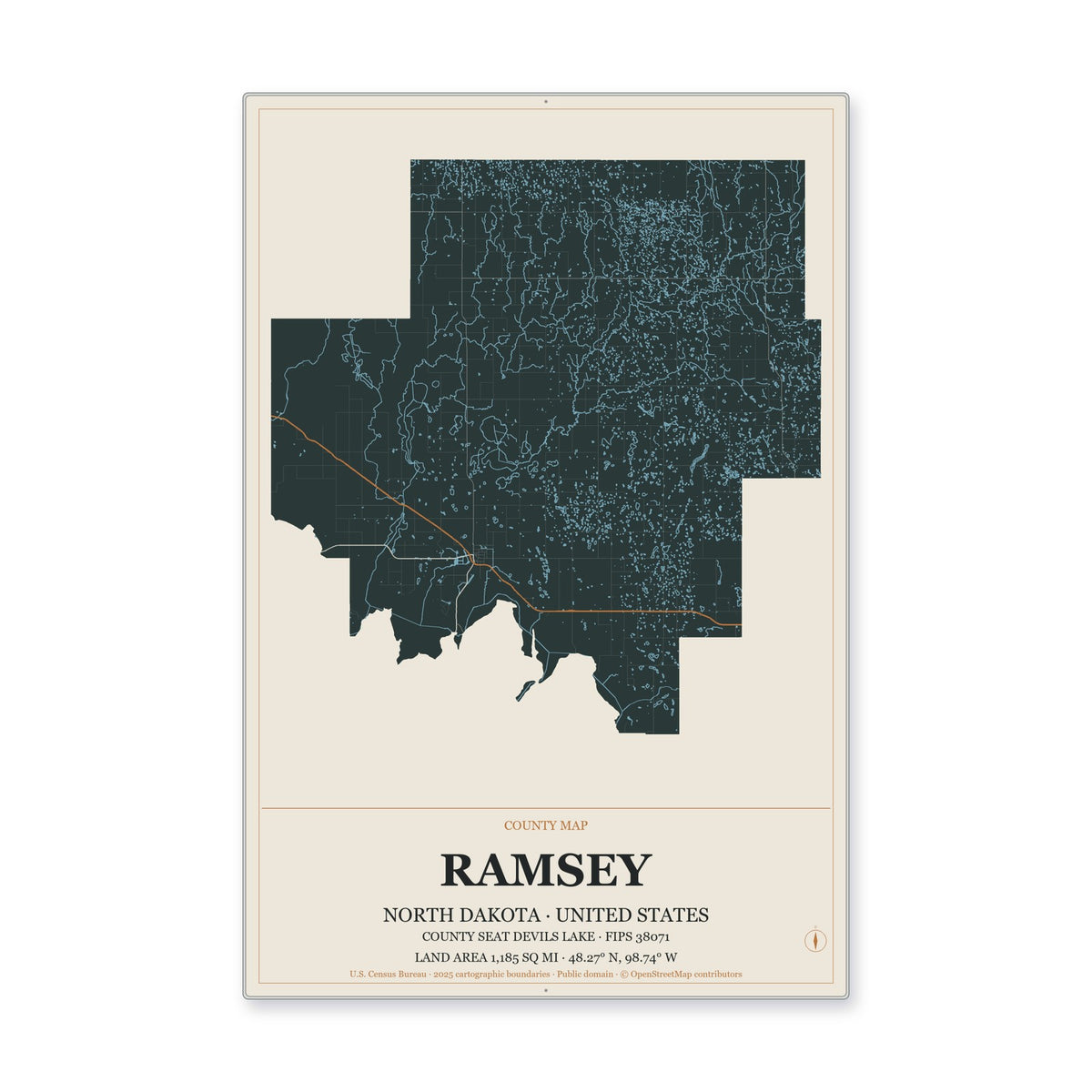 Ramsey County, North Dakota Map Aluminum Sign in Headline Atlas style