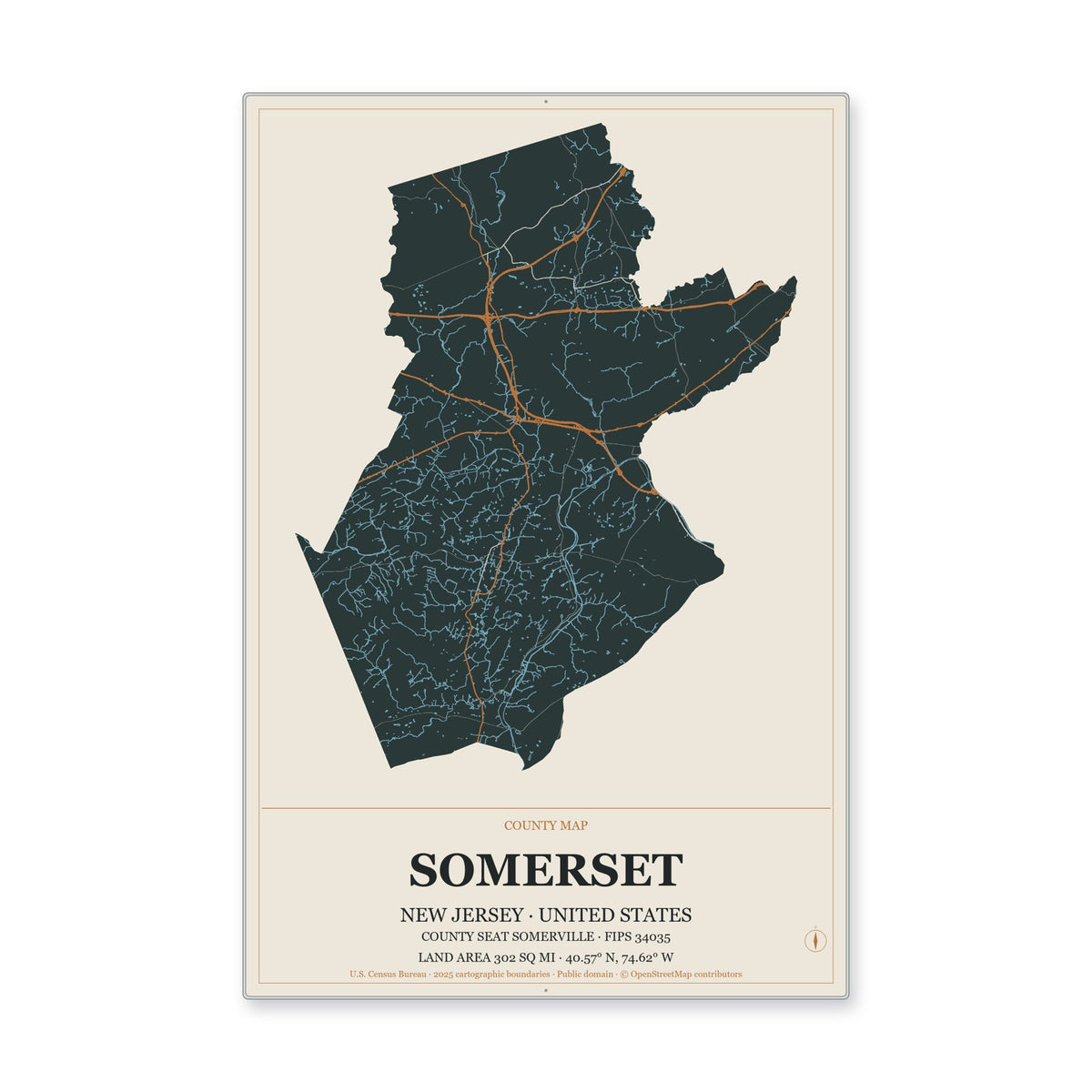 Somerset County, New Jersey Map Aluminum Sign in Headline Atlas style