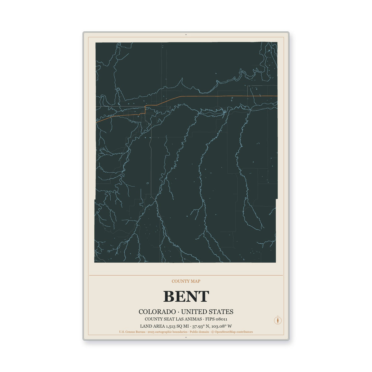 Bent County, Colorado Map Aluminum Sign in Headline Atlas style