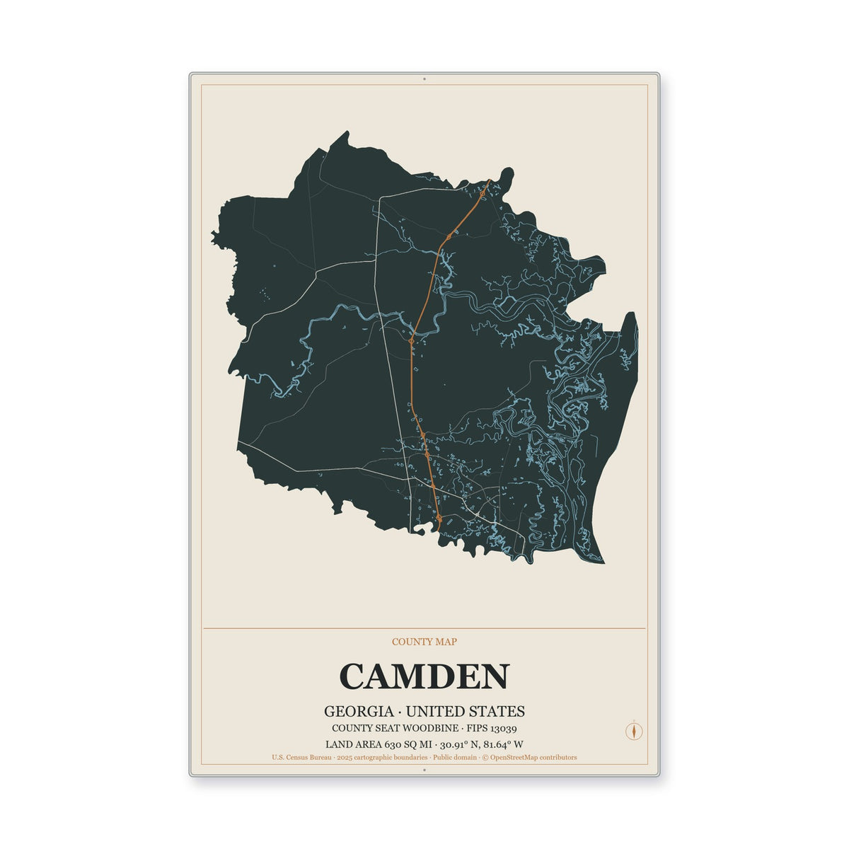 Camden County, Georgia Map Aluminum Sign in Headline Atlas style
