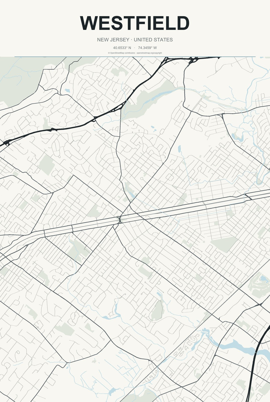 Westfield, New Jersey City Map Aluminum Sign in Headline Atlas style