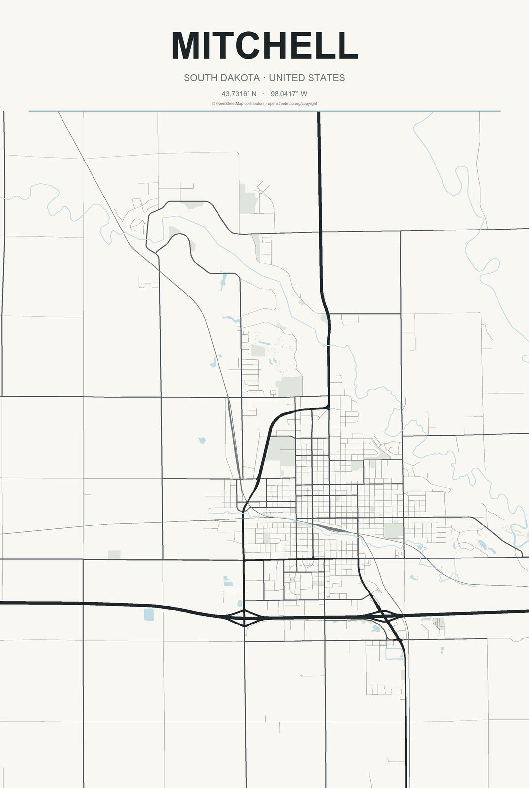 Mitchell, South Dakota City Map Aluminum Sign in Headline Atlas style