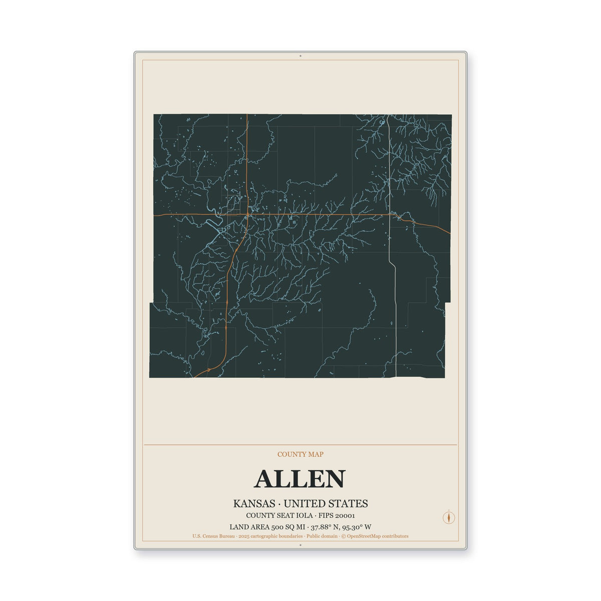 Allen County, Kansas Map Aluminum Sign in Headline Atlas style