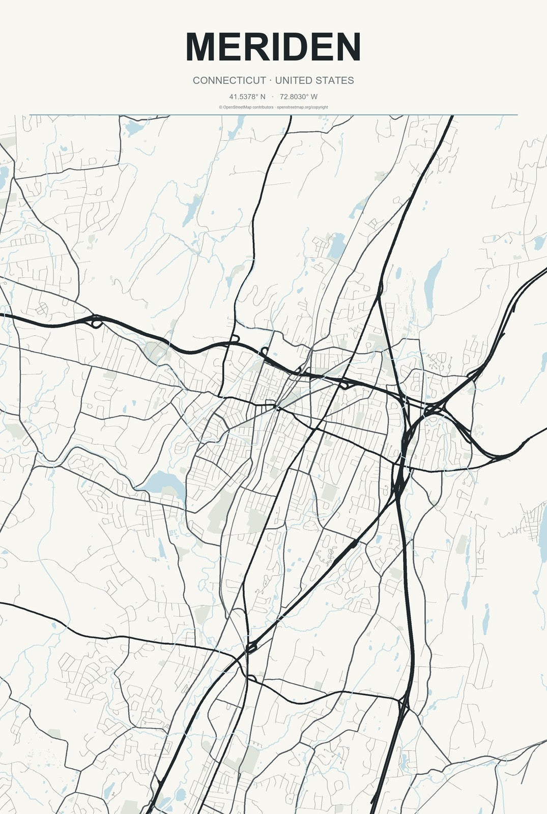 Meriden, Connecticut City Map Aluminum Sign in Headline Atlas style