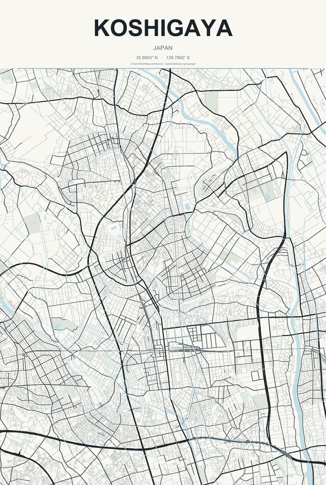 Koshigaya, Japan City Map Aluminum Sign in Headline Atlas style