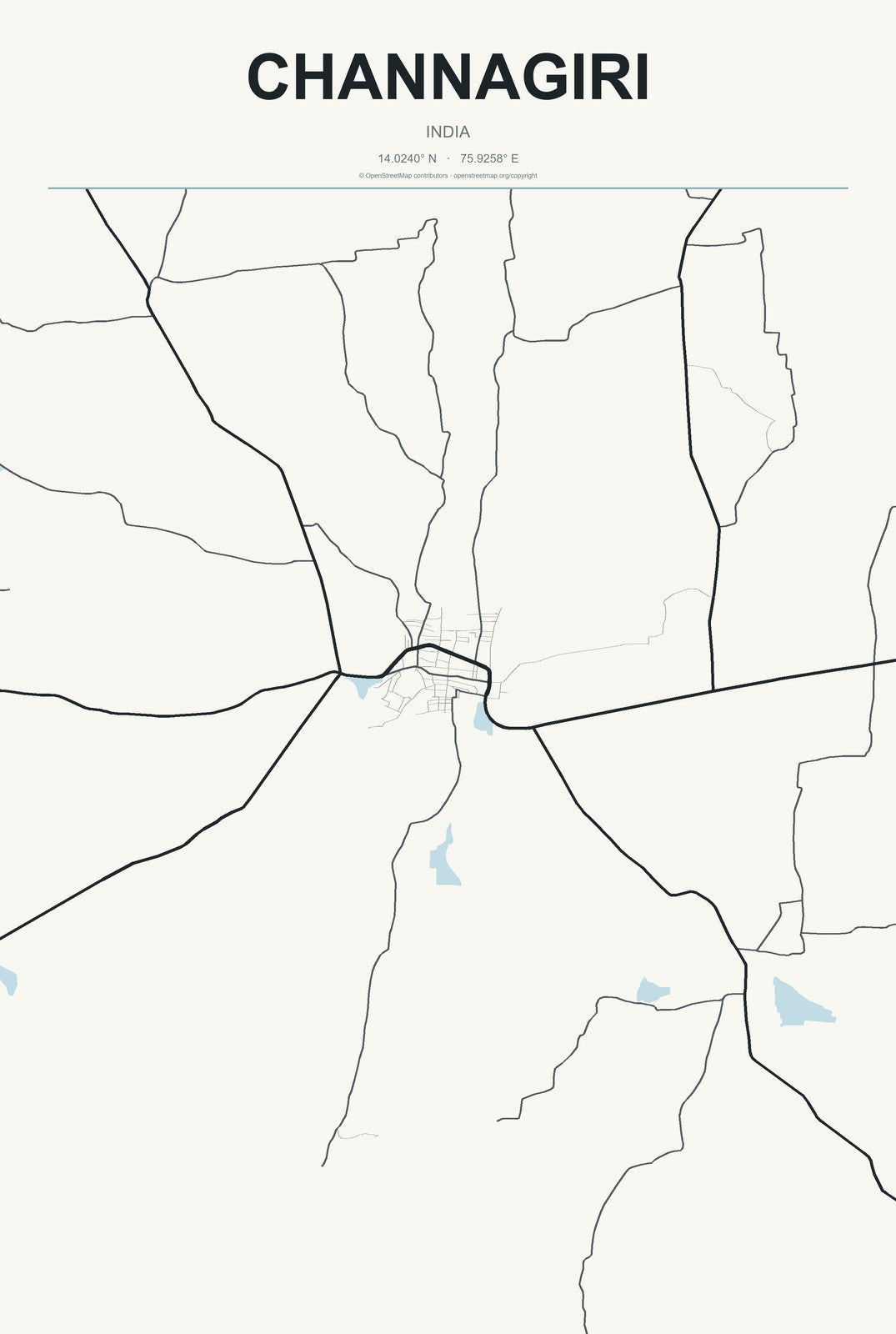 Channagiri, India City Map Aluminum Sign in Headline Atlas style