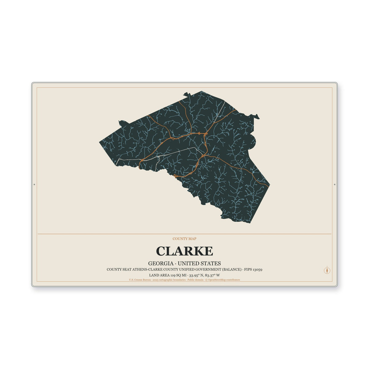 Clarke County, Georgia Map Aluminum Sign in Headline Atlas style