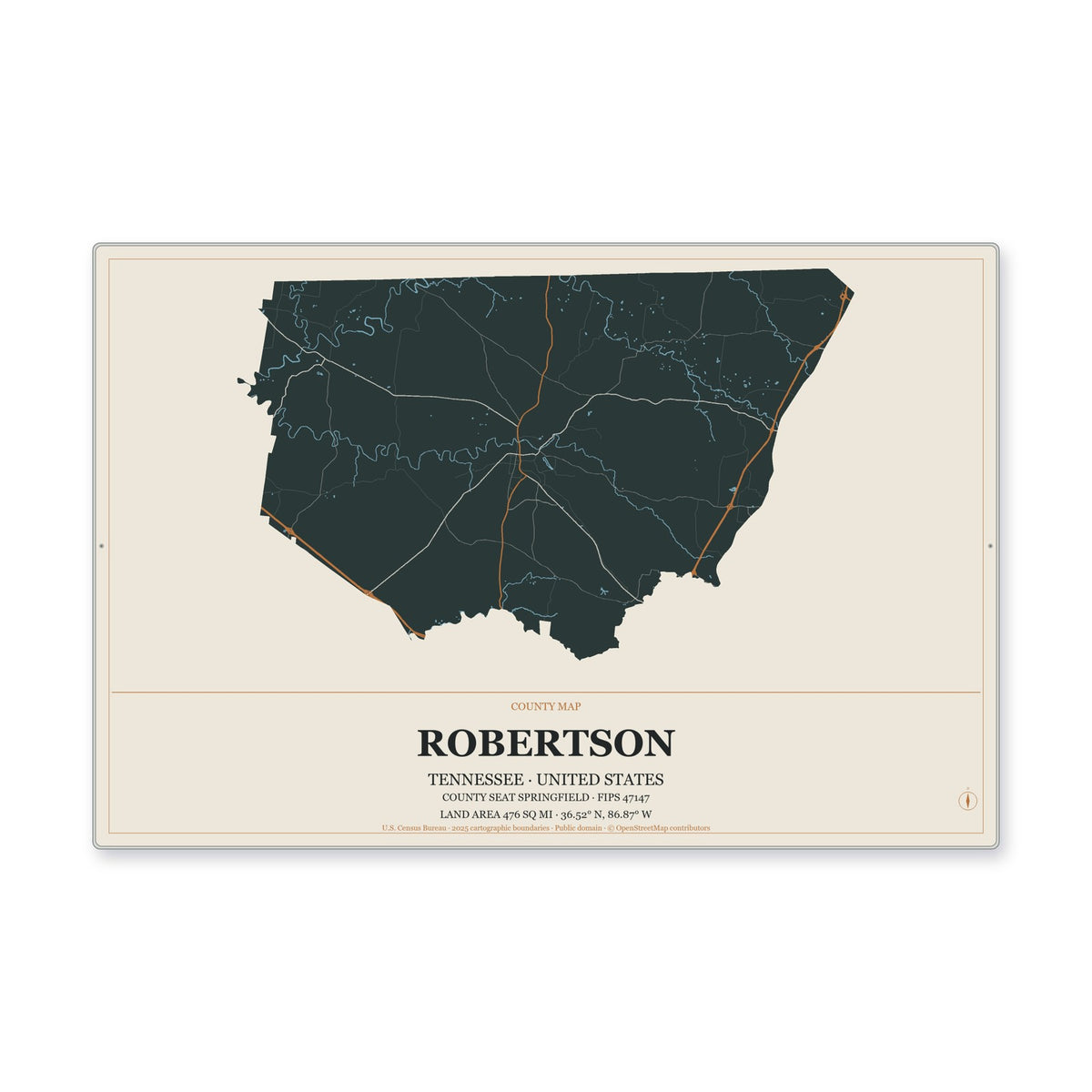 Robertson County, Tennessee Map Aluminum Sign in Headline Atlas style