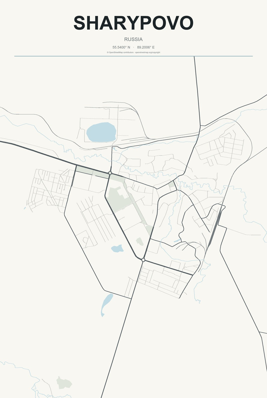 Sharypovo, Russia City Map Aluminum Sign in Headline Atlas style