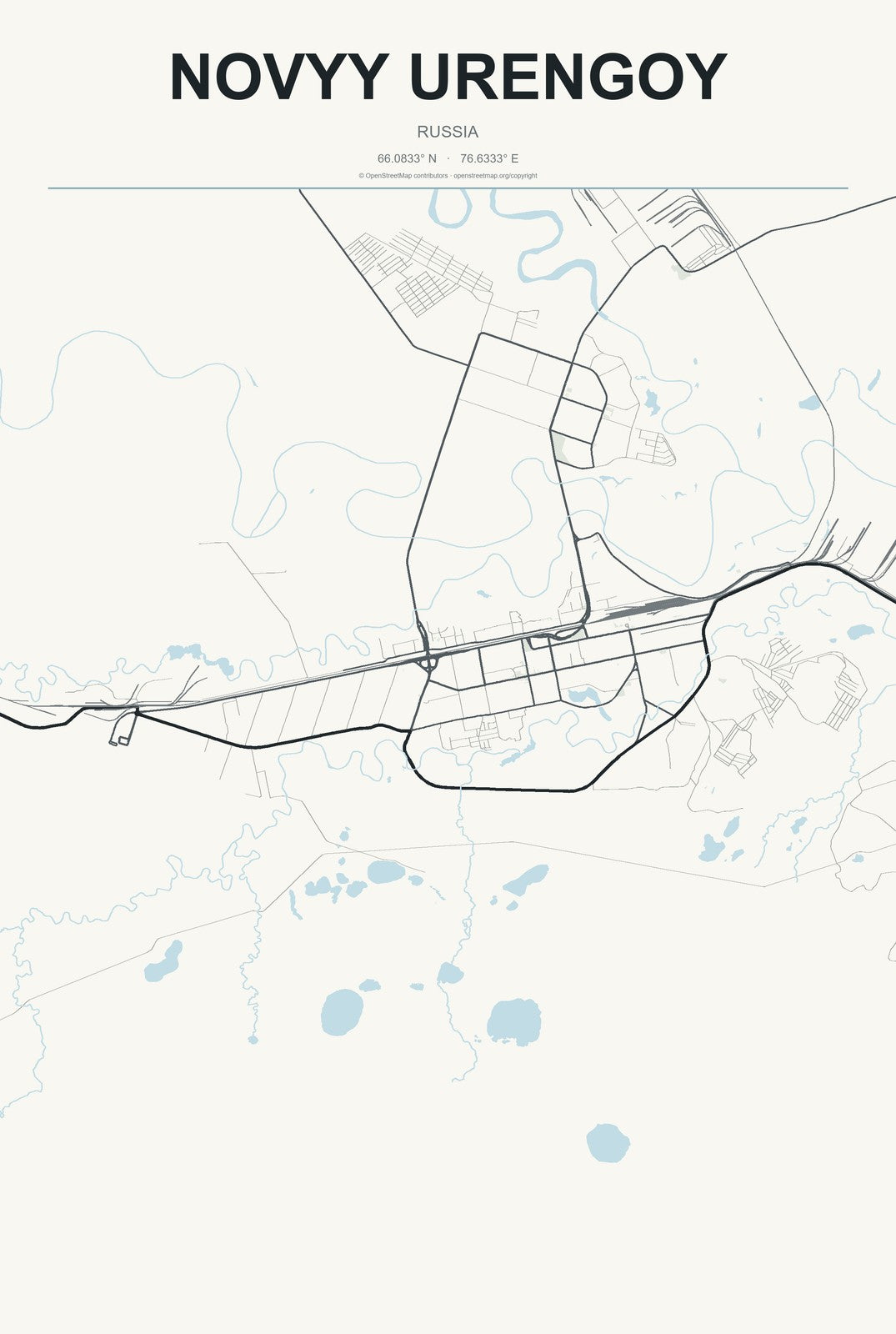 Novyy Urengoy, Russia City Map Aluminum Sign in Headline Atlas style