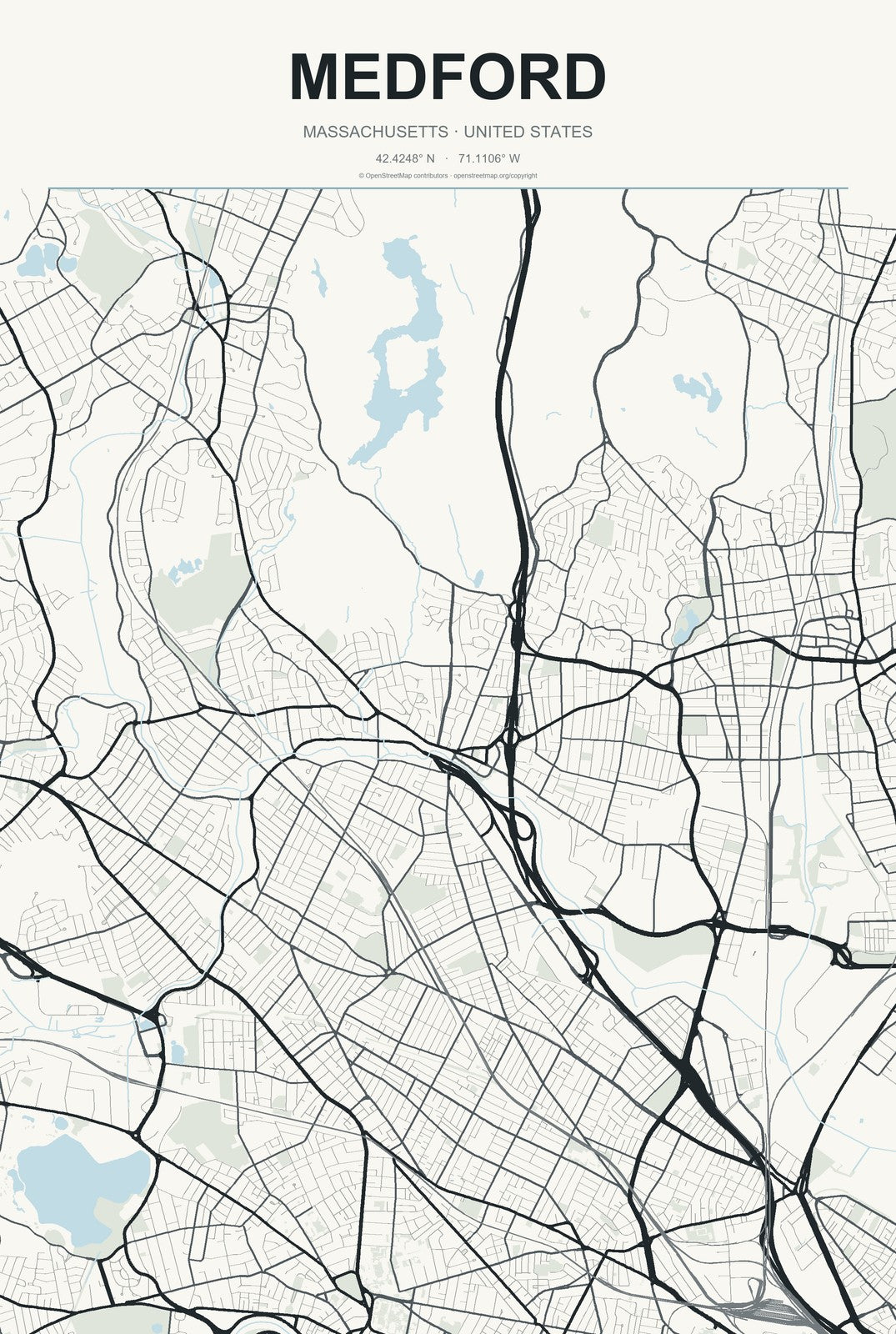 Medford, Massachusetts City Map Aluminum Sign in Headline Atlas style