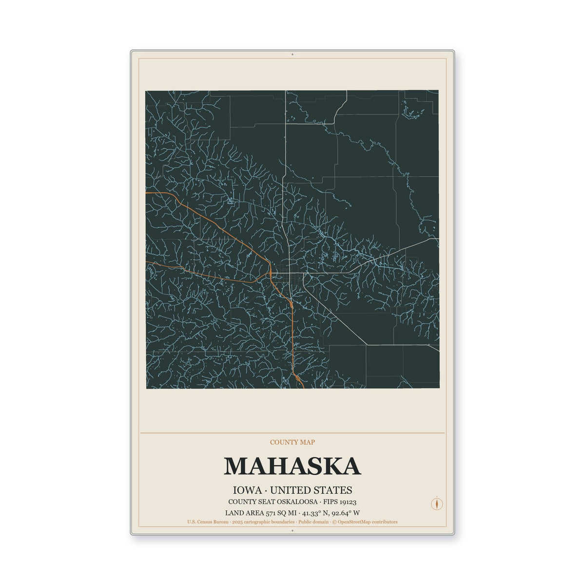 Mahaska County, Iowa Map Aluminum Sign in Headline Atlas style