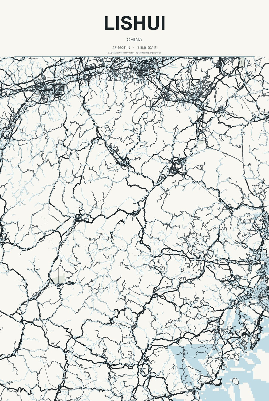 Lishui, China City Map Aluminum Sign in Headline Atlas style