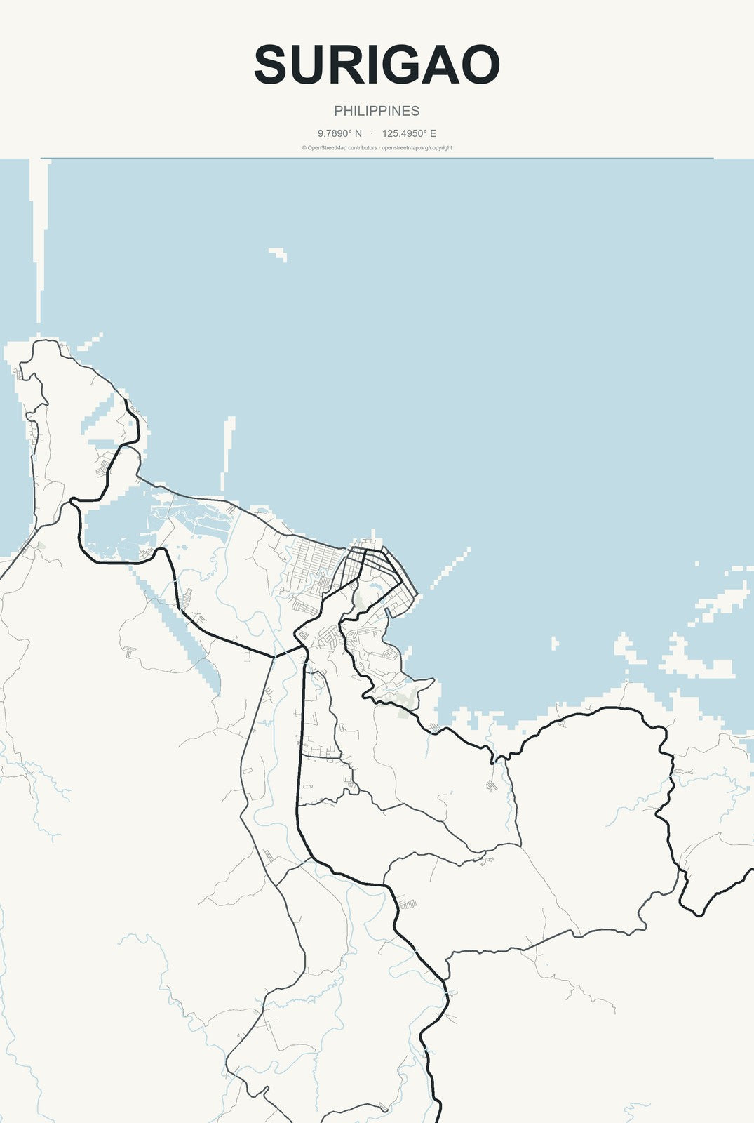 Surigao, Philippines City Map Aluminum Sign in Headline Atlas style