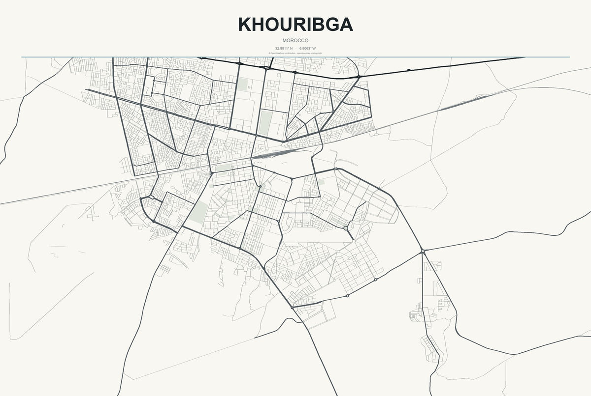 Khouribga, Morocco City Map Aluminum Sign in Headline Atlas style