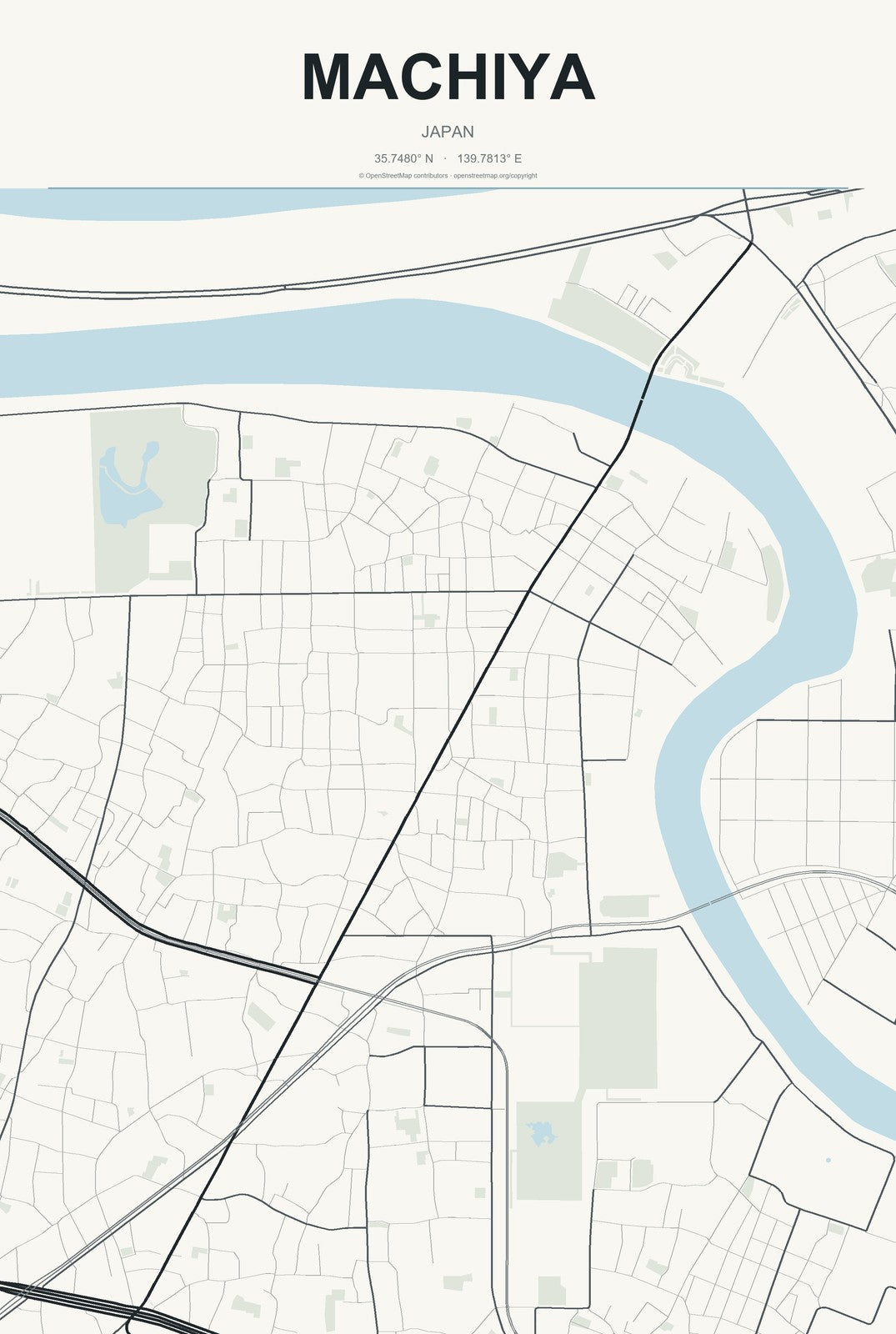 Machiya, Japan City Map Aluminum Sign in Headline Atlas style