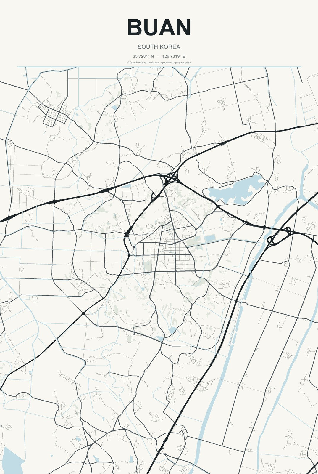 Buan, South Korea City Map Aluminum Sign in Headline Atlas style
