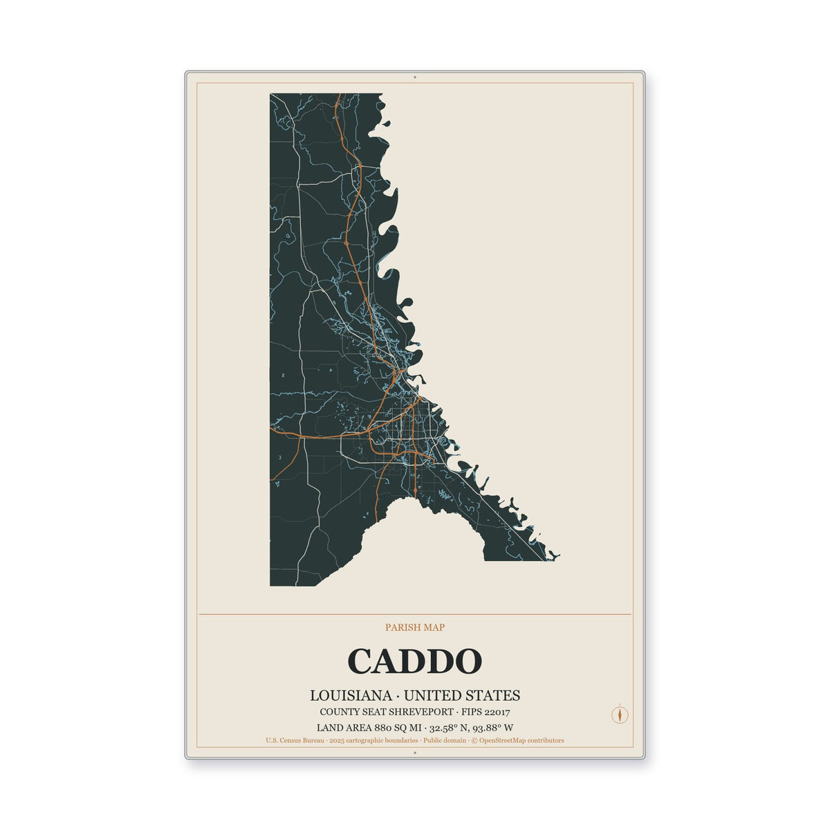 Caddo Parish, Louisiana Map Aluminum Sign in Headline Atlas style