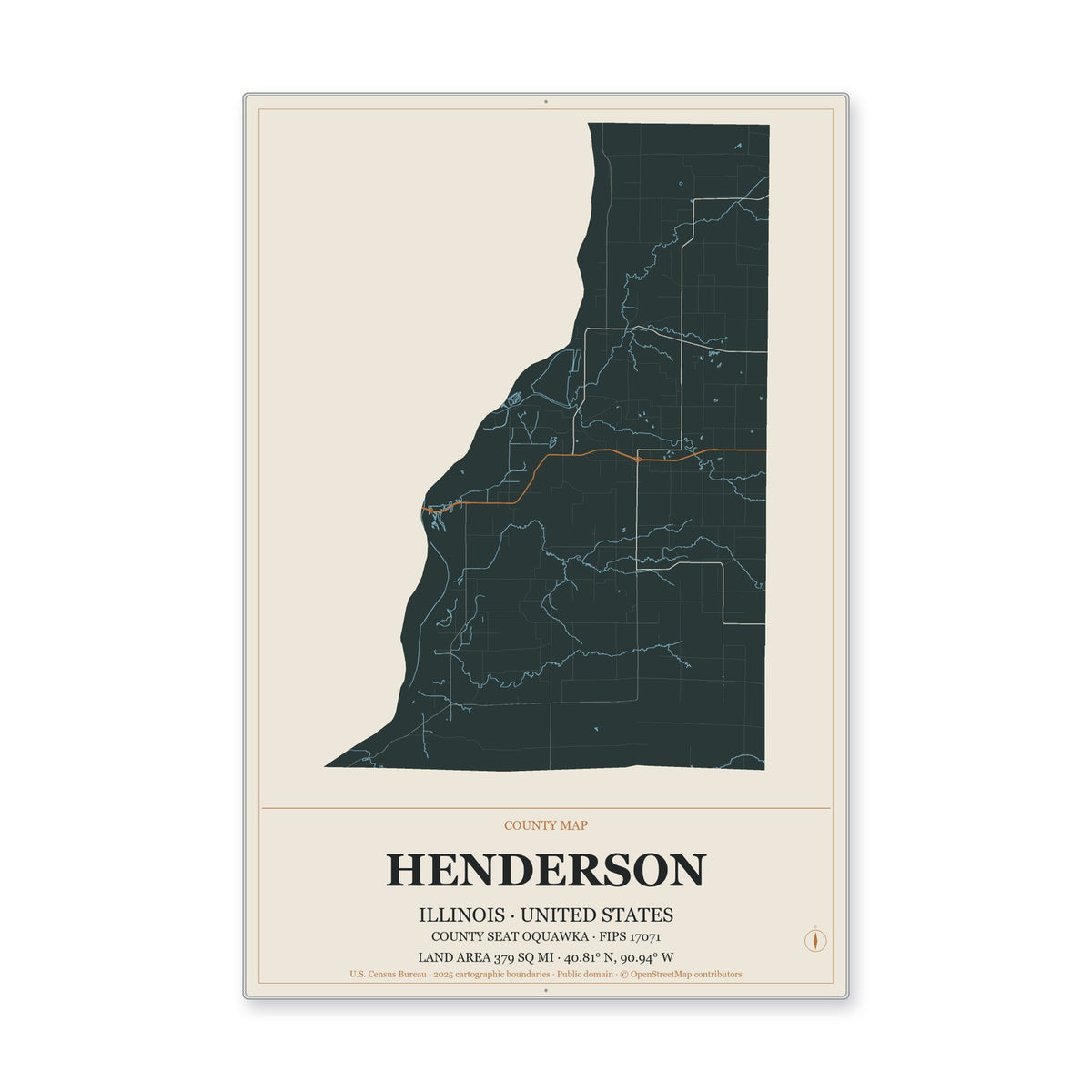 Henderson County, Illinois Map Aluminum Sign in Headline Atlas style