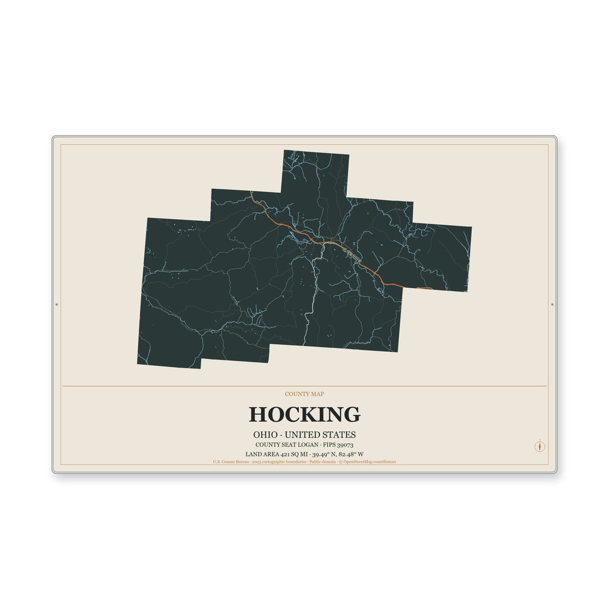 Hocking County, Ohio Map Aluminum Sign in Headline Atlas style