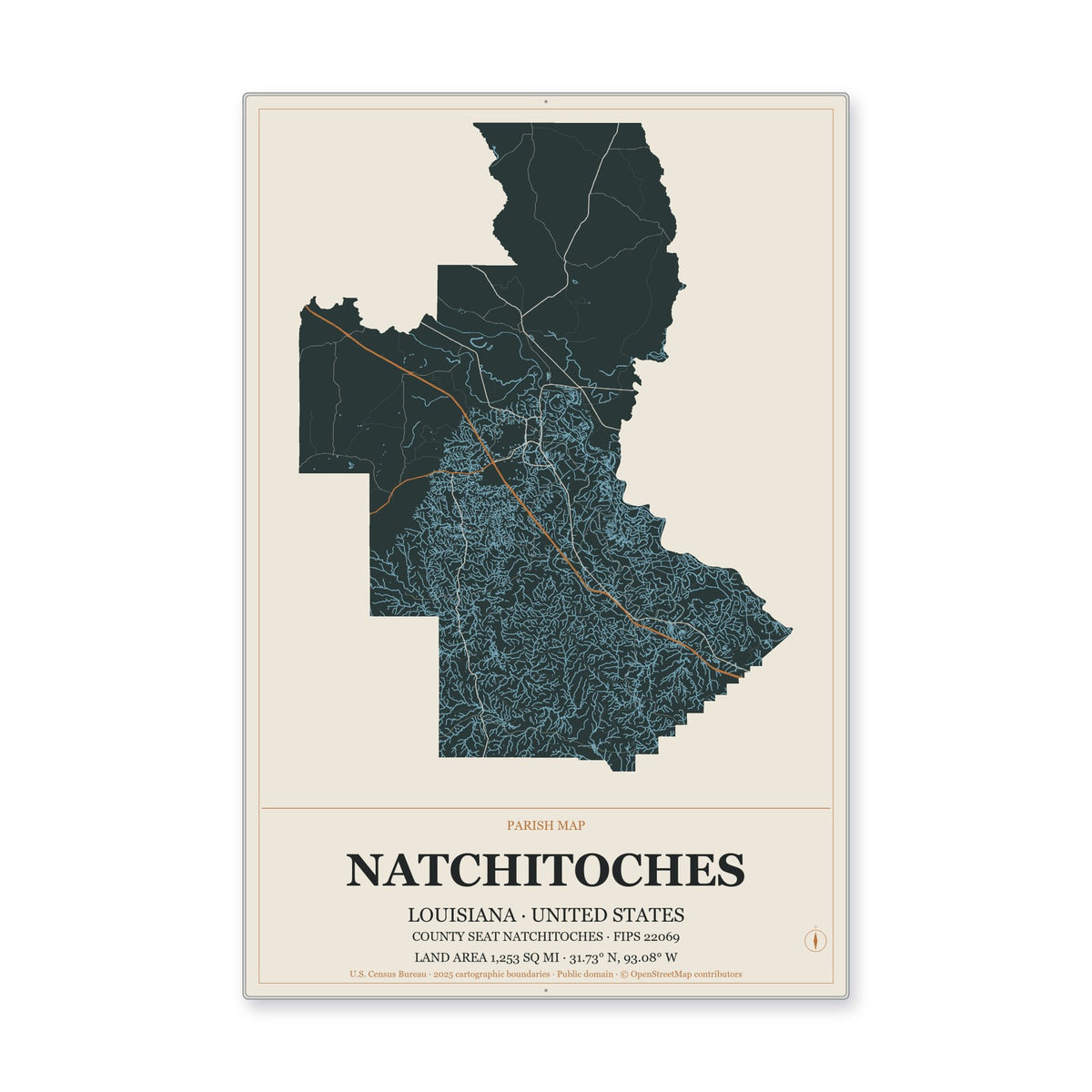 Natchitoches Parish, Louisiana Map Aluminum Sign in Headline Atlas style