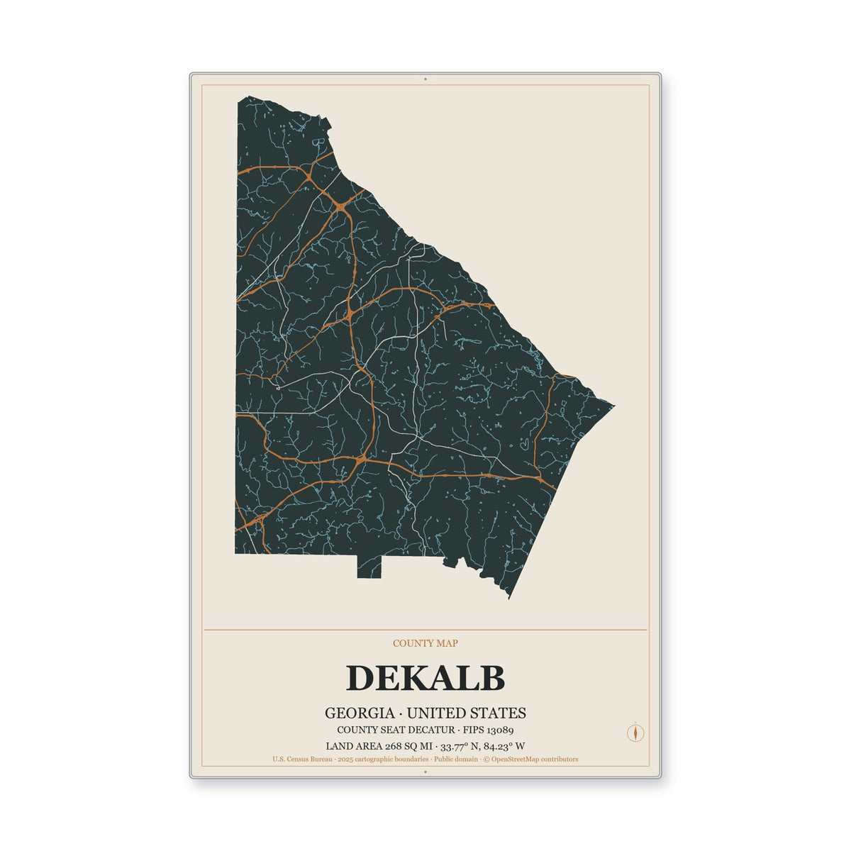 DeKalb County, Georgia Map Aluminum Sign in Headline Atlas style