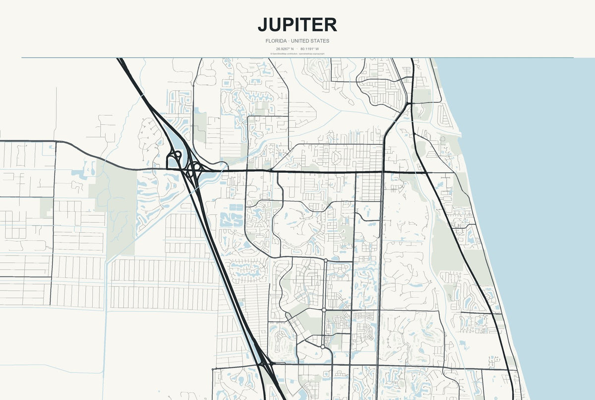 Jupiter, Florida City Map Aluminum Sign in Headline Atlas style