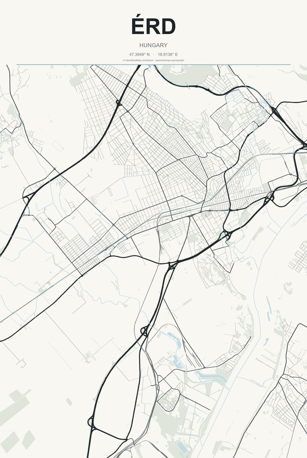 Érd, Hungary City Map Aluminum Sign in Headline Atlas style