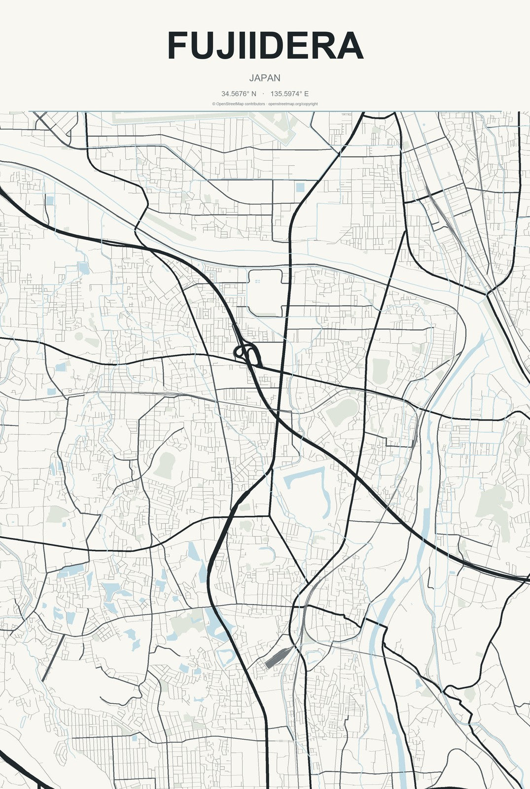 Fujiidera, Japan City Map Aluminum Sign in Headline Atlas style