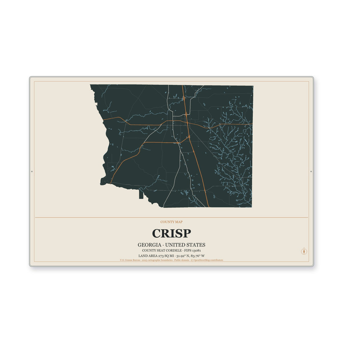 Crisp County, Georgia Map Aluminum Sign in Headline Atlas style
