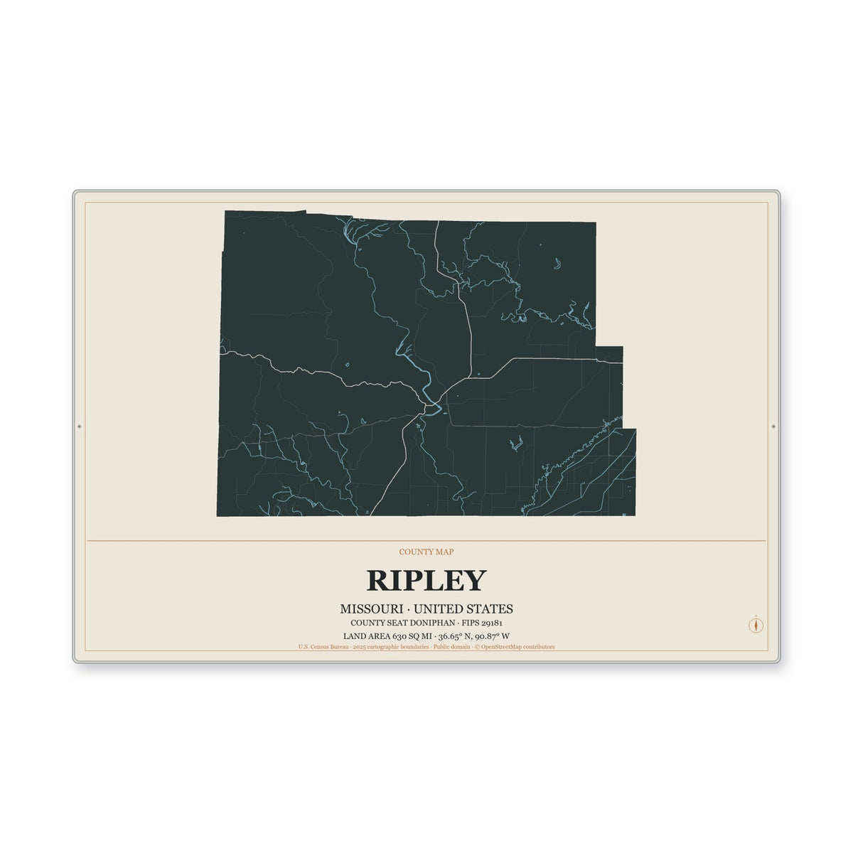 Ripley County, Missouri Map Aluminum Sign in Headline Atlas style