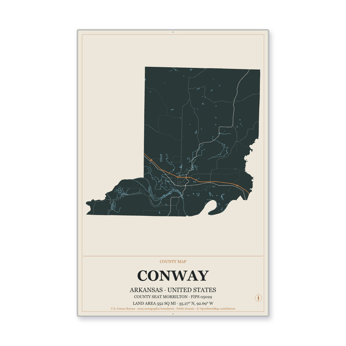 Conway County, Arkansas Map Aluminum Sign in Headline Atlas style