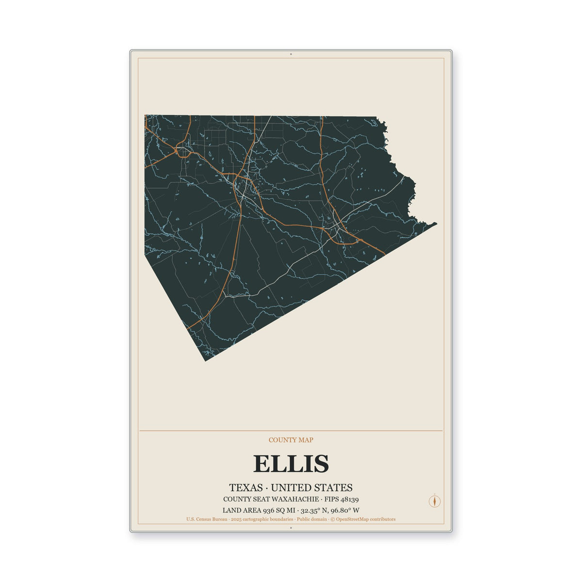 Ellis County, Texas Map Aluminum Sign in Headline Atlas style